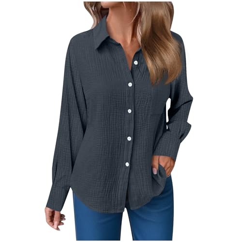 Musselin Bluse Damen Langarm Leinenbluse mit Taschen Revers Einreihige Leinenhemd Elegant Einfarbig Longshirt Weiche Baumwoll Langarmshirt für Frühling, Sommer und Herbst Lässige Button-Down Hemd von Komiseup