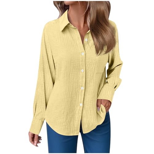 Musselin Bluse Damen Langarm Leinenbluse mit Taschen Revers Einreihige Leinenhemd Elegant Einfarbig Longshirt Weiche Baumwoll Langarmshirt für Frühling, Sommer und Herbst Lässige Button-Down Hemd von Komiseup