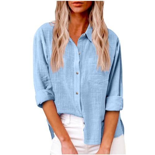 Musselin Bluse Damen Sommer Baumwolle Leinenbluse Elegant Einfarbig Blusenshirt Revers Einreihiges Leinenhemd Große Größen Langarm V-Ausschnitt Longbluse Oversized Blusehemd Lose Oberteile mit Tasche von Komiseup