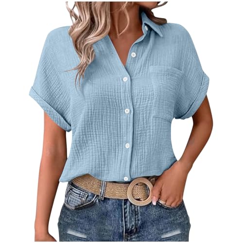 Musselin Bluse Damen Sommer Baumwolle Leinenbluse Kurzarm V-Ausschnitt Sommerbluse Große Größen Vintage Einfarbig Longshirt Revers Einreihige Leinenhemd Frauen Oversized Strandhemd mit Taschen S-XXL von Komiseup