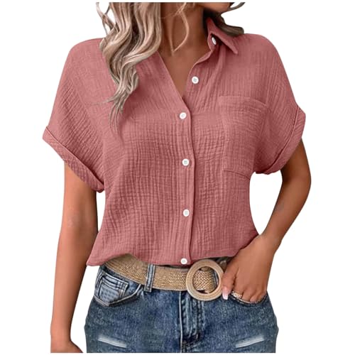 Musselin Bluse Damen Sommer Baumwolle Leinenbluse Kurzarm V-Ausschnitt Sommerbluse Große Größen Vintage Einfarbig Longshirt Revers Einreihige Leinenhemd Frauen Oversized Strandhemd mit Taschen S-XXL von Komiseup