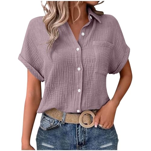 Musselin Bluse Damen Sommer Baumwolle Leinenbluse Kurzarm V-Ausschnitt Sommerbluse Große Größen Vintage Einfarbig Longshirt Revers Einreihige Leinenhemd Frauen Oversized Strandhemd mit Taschen S-XXL von Komiseup