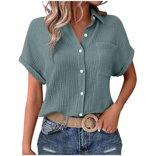 Musselin Bluse Damen Sommer Baumwolle Leinenbluse Kurzarm V-Ausschnitt Sommerbluse Große Größen Vintage Einfarbig Longshirt Revers Einreihige Leinenhemd Frauen Oversized Strandhemd mit Taschen S-XXL von Komiseup