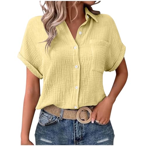 Musselin Bluse Damen Sommer Baumwolle Leinenbluse Kurzarm V-Ausschnitt Sommerbluse Große Größen Vintage Einfarbig Longshirt Revers Einreihige Leinenhemd Frauen Oversized Strandhemd mit Taschen S-XXL von Komiseup