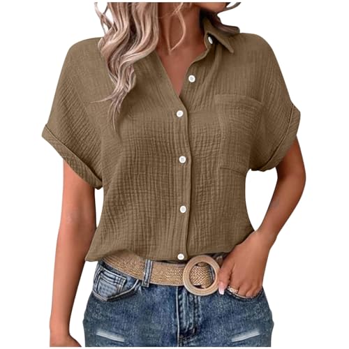 Musselin Bluse Damen Sommer Baumwolle Leinenbluse Kurzarm V-Ausschnitt Sommerbluse Große Größen Vintage Einfarbig Longshirt Revers Einreihige Leinenhemd Frauen Oversized Strandhemd mit Taschen S-XXL von Komiseup