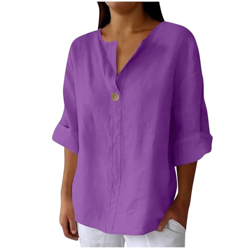 Musselin Bluse Damen Sommer Baumwolle Leinenbluse Langarm V-Ausschnitt Longbluse Große Größen Vintage Einfarbig Longshirt Revers Einreihiges Leinenhemd Oversized Kurzarm Blusehemd mit Taschen S-5XL von Komiseup