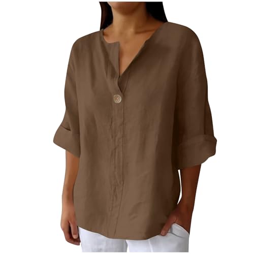 Musselin Bluse Damen Sommer Baumwolle Leinenbluse Langarm V-Ausschnitt Longbluse Große Größen Vintage Einfarbig Longshirt Revers Einreihiges Leinenhemd Oversized Kurzarm Blusehemd mit Taschen S-5XL von Komiseup