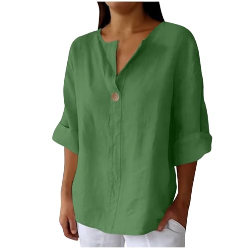Musselin Bluse Damen Sommer Baumwolle Leinenbluse Langarm V-Ausschnitt Longbluse Große Größen Vintage Einfarbig Longshirt Revers Einreihiges Leinenhemd Oversized Kurzarm Blusehemd mit Taschen S-5XL von Komiseup