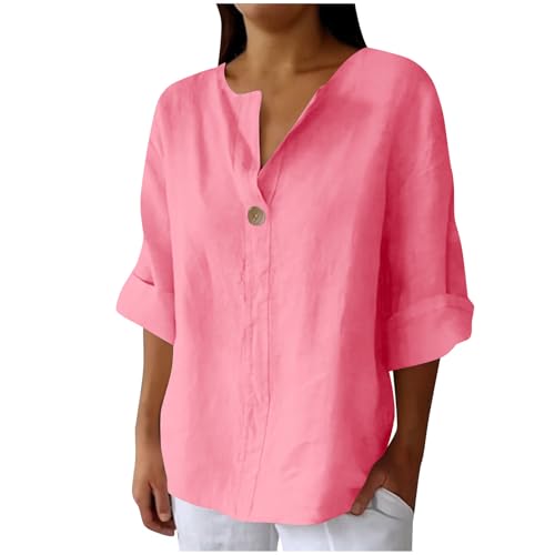 Musselin Bluse Damen Sommer Baumwolle Leinenbluse Langarm V-Ausschnitt Longbluse Große Größen Vintage Einfarbig Longshirt Revers Einreihiges Leinenhemd Oversized Kurzarm Blusehemd mit Taschen S-5XL von Komiseup