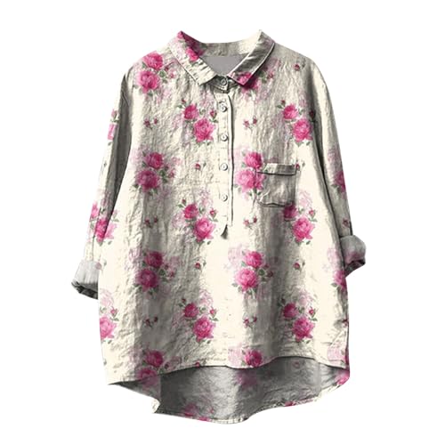 Musselin Bluse Damen Sommer Leinenbluse mit Knöpfe Oversized Langarm Longbluse Blumendruck Langarmshirt Große Größen Baumwoll Leinen Tshirt mit Taschen Revers Einreihige Leinenhemd Button-Down Hemd von Komiseup