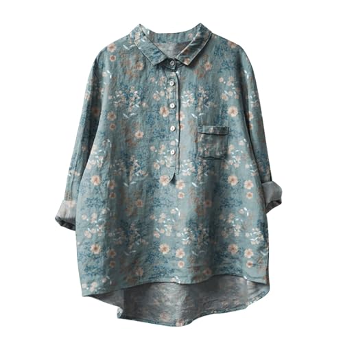 Musselin Bluse Damen Sommer Leinenbluse mit Knöpfe Oversized Langarm Longbluse Blumendruck Langarmshirt Große Größen Baumwoll Leinen Tshirt mit Taschen Revers Einreihige Leinenhemd Button-Down Hemd von Komiseup