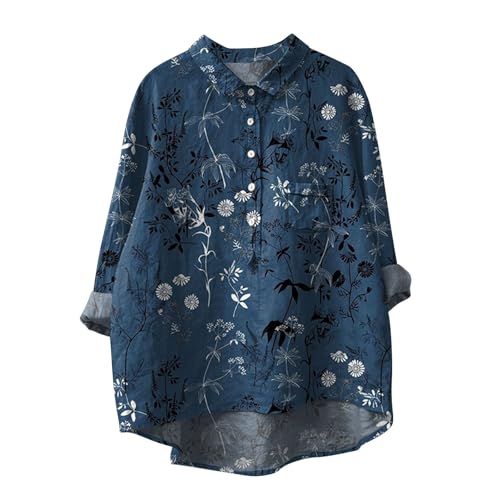 Musselin Bluse Damen Sommer Leinenbluse mit Knöpfe Oversized Langarm Longbluse Blumendruck Langarmshirt Große Größen Baumwoll Leinen Tshirt mit Taschen Revers Einreihige Leinenhemd Button-Down Hemd von Komiseup
