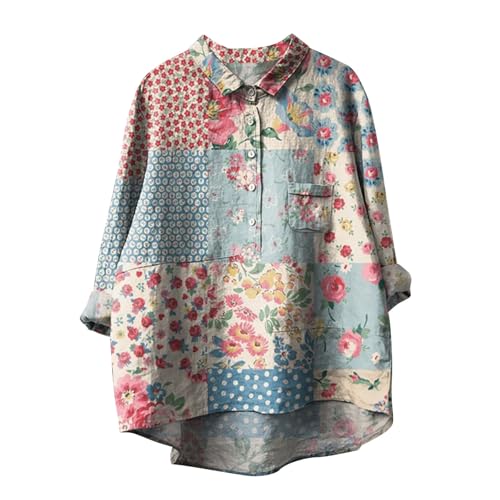 Musselin Bluse Damen Sommer Leinenbluse mit Knöpfe Oversized Langarm Longbluse Blumendruck Langarmshirt Große Größen Baumwoll Leinen Tshirt mit Taschen Revers Einreihige Leinenhemd Button-Down Hemd von Komiseup