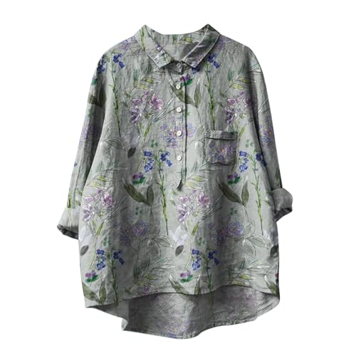 Musselin Bluse Damen Sommer Leinenbluse mit Knöpfe Oversized Langarm Longbluse Blumendruck Langarmshirt Große Größen Baumwoll Leinen Tshirt mit Taschen Revers Einreihige Leinenhemd Button-Down Hemd von Komiseup