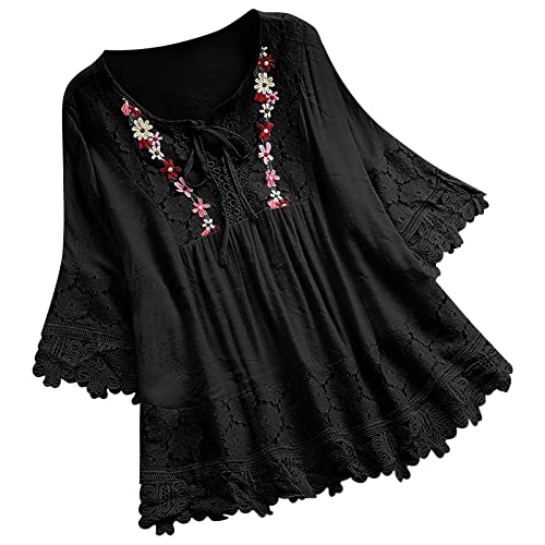 Musselin Bluse Damen Sommer Tshirt Große Größen Elegant Spitzen Blusen Baumwolle Leinenbluse Langarm V-Ausschnitt Longbluse mit Schnürung Retro Einfarbig Longshirt Oversized Kurzarm Bluseshirt S-5XL von Komiseup