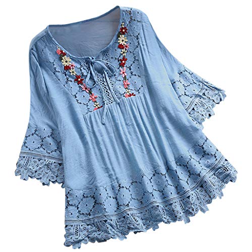 Musselin Bluse Damen Sommer Tshirt Große Größen Elegant Spitzen Blusen Baumwolle Leinenbluse Langarm V-Ausschnitt Longbluse mit Schnürung Retro Einfarbig Longshirt Oversized Kurzarm Bluseshirt S-5XL von Komiseup