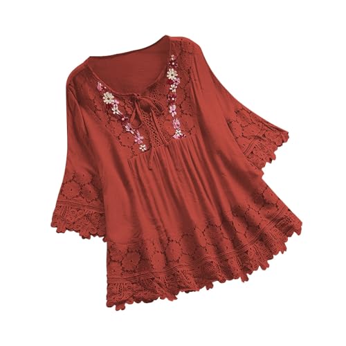 Musselin Bluse Damen Sommer Tshirt Große Größen Elegant Spitzen Blusen Baumwolle Leinenbluse Langarm V-Ausschnitt Longbluse mit Schnürung Retro Einfarbig Longshirt Oversized Kurzarm Bluseshirt S-5XL von Komiseup