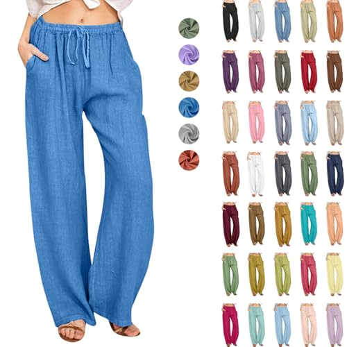 Musselin Hose Damen Sommer Lang Leinenhose Baumwolle Leinen Sommerhose Elegant Solide Stoffhose Gerade Geschnitten Freizeithose Boho Strandhose für Frauen Locker Jogginghose mit Kordelzug und Tasche von Komiseup