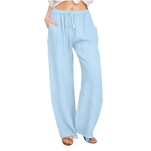 Musselin Hose Damen Sommer Lang Leinenhose Baumwolle Leinen Sommerhose Elegant Solide Stoffhose Gerade Geschnitten Freizeithose Boho Strandhose für Frauen Locker Jogginghose mit Kordelzug und Tasche von Komiseup