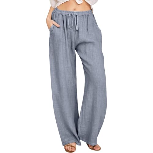 Musselin Hose Damen Sommer Lang Leinenhose Baumwolle Leinen Sommerhose Elegant Solide Stoffhose Gerade Geschnitten Freizeithose Boho Strandhose für Frauen Locker Jogginghose mit Kordelzug und Tasche von Komiseup
