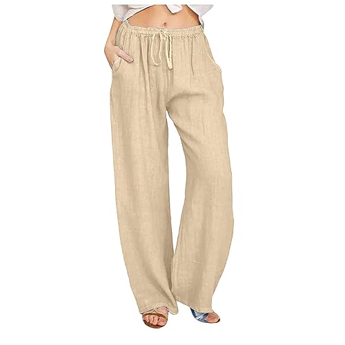 Musselin Hose Damen Sommer Lang Leinenhose Baumwolle Leinen Sommerhose Elegant Solide Stoffhose Gerade Geschnitten Freizeithose Boho Strandhose für Frauen Locker Jogginghose mit Kordelzug und Tasche von Komiseup