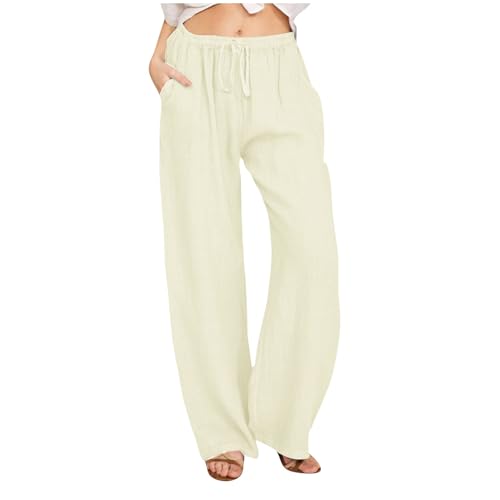 Musselin Hose Damen Sommer Lang Leinenhose Baumwolle Leinen Sommerhose Elegant Solide Stoffhose Gerade Geschnitten Freizeithose Boho Strandhose für Frauen Locker Jogginghose mit Kordelzug und Tasche von Komiseup