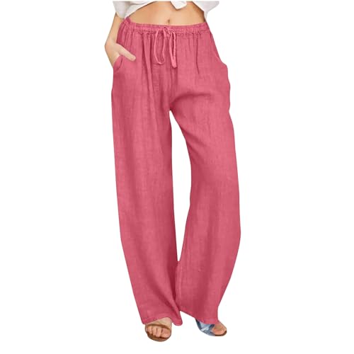 Musselin Hose Damen Sommer Lang Leinenhose Baumwolle Leinen Sommerhose Elegant Solide Stoffhose Gerade Geschnitten Freizeithose Boho Strandhose für Frauen Locker Jogginghose mit Kordelzug und Tasche von Komiseup