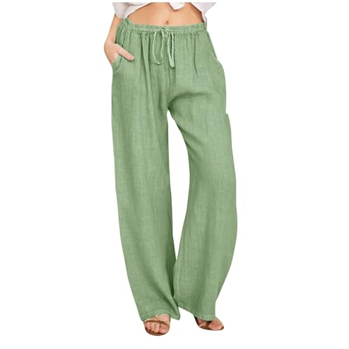 Musselin Hose Damen Sommer Lang Leinenhose Baumwolle Leinen Sommerhose Elegant Solide Stoffhose Gerade Geschnitten Freizeithose Boho Strandhose für Frauen Locker Jogginghose mit Kordelzug und Tasche von Komiseup