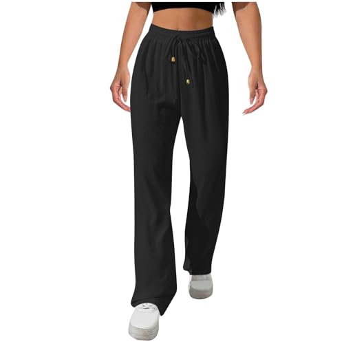 Musselin Hose Damen Sommer Lang Leinenhose Baumwolle Leinen Sommerhose Elegant Solide Stoffhose Locker Jogginghose mit Kordelzug und Tasche Gerade Geschnitten Freizeithose Boho Strandhose für Frauen von Komiseup
