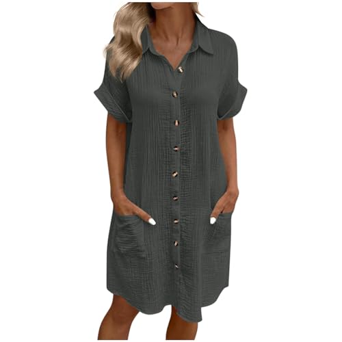 Musselin Kleid Damen Sommer Baumwolle Leinenkleid Falten Leinen Sommerkleid Luftige Button Down Blusenkleid Locker Knielang Strandkleid Elegant Einfarbig Shirtkleid Revers Hemdkleid mit Tasche S-XXL von Komiseup