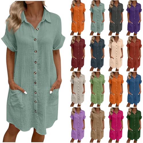 Musselin Kleid Damen Sommer Baumwolle Leinenkleid Falten Leinen Sommerkleid Luftige Button Down Blusenkleid Locker Knielang Strandkleid Elegant Einfarbig Shirtkleid Revers Hemdkleid mit Tasche S-XXL von Komiseup