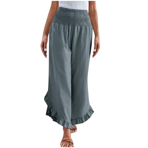 Musselin Leinenhose Damen Sommer Jogginghose Baumwolle Leinen Stoffhose Elegant Einfarbig Freizeithose Gerades Bein Strandhose mit Rüschen Frauen Weite Leg Hose Leicht Weite Sommerhose mit Taschen von Komiseup