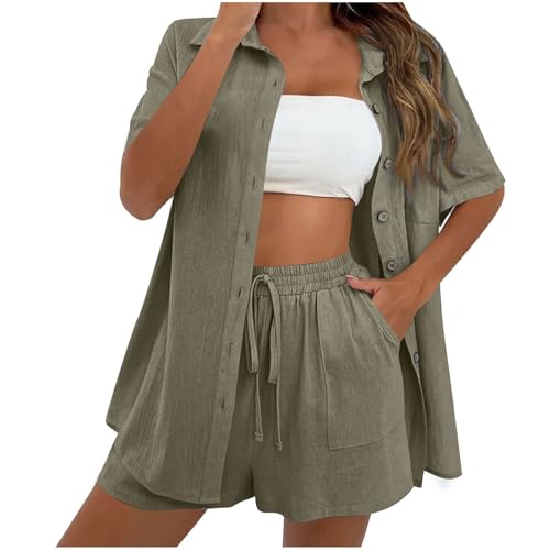 Musselin Set Damen Sommer Hosenanzug Baumwoll Zweiteiler Sets Leinen Bluse und Kurz Hose Y2K Aesthetic Clothes Kurzarm Lounge Set Lässige Strand Outfit Elegant Einfarbig Yoga Set Locker Hausanzug von Komiseup