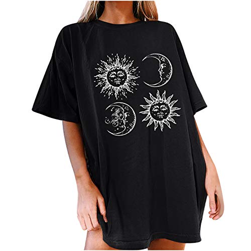 Oberteile Damen Oversized T-Shirt Sonne Mond Motiv Sportshirt Kurzarm Sport Oberteile Vintage Sweatshirt Rundhals Oberteile Teenager Mädchen Best Friends Lang Top Longshirt von Komiseup