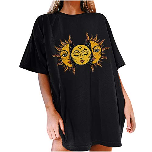 Oberteile Damen Oversized T-Shirt Sonne Mond Motiv Sportshirt Kurzarm Sport Oberteile Vintage Sweatshirt Rundhals Oberteile Teenager Mädchen Best Friends Lang Top Longshirt von Komiseup