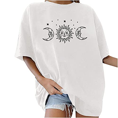 Komiseup Oberteile Damen Oversized T-Shirt Sonne Mond Motiv Sportshirt Kurzarm Sport Oberteile Vintage Sweatshirt Rundhals Oberteile Teenager Mädchen Best Friends Lang Top Longshirt von Komiseup