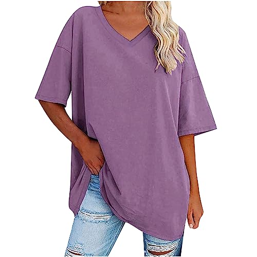 Oversize Shirt Damen Sommer Einfarbige Tshirt Basic Rundhals Sportshirt Elegant Solide Longshirt Bequem Baumwolle Sweatshirt Frauen Tunika Tops Teenager Mädchen Pullover All-Match Oberteile S-XXL von Komiseup