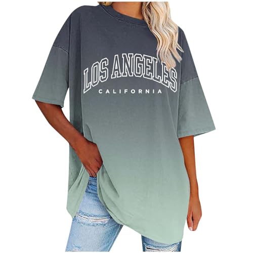 Oversized T Shirt Damen Los Angeles Brief drucken Shirts Vintage T-Shirt Kurzarm Rundhals Sommer Oberteile Lose Bluse Lang Tunika Top Teenager Mädchen Sweatshirt Frauen Streetwear Oberteile von Komiseup