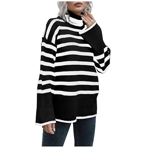 Pullover Damen, Strickpullover Damen, Damen Elegant Pullover Modischer Gestreifter Rollkragenpullover mit Langen Ärmeln und seitlichem Schlitz von Komiseup