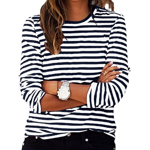 Pullover Damen Basic Gestreiftes Langarmshirt Damen Basic Rundhals Oberteile Langarm Casual T-Shirt Gestreiftes Langarm Tshirt Long Sleeve Leicht Tops Mode Kleidung Langarmshirts Frauen Longshirt von Komiseup