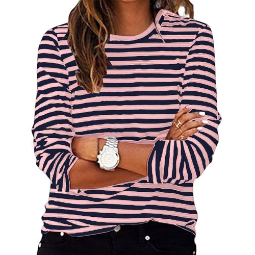 Pullover Damen Basic Gestreiftes Langarmshirt Damen Basic Rundhals Oberteile Langarm Casual T-Shirt Gestreiftes Langarm Tshirt Long Sleeve Leicht Tops Mode Kleidung Langarmshirts Frauen Longshirt von Komiseup