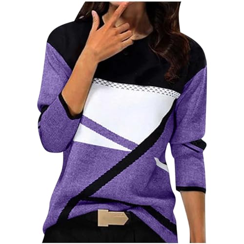 Pullover Damen Baumwolle Sport Langarm Sweatshirt ohne Kapuze Basic Rundhals Langarmshirt Vintage geometrischem Druck Longshirt Herbst Winter Pulli Teenager Mädchen Streetwear Lose Sportshirt S-XXL von Komiseup