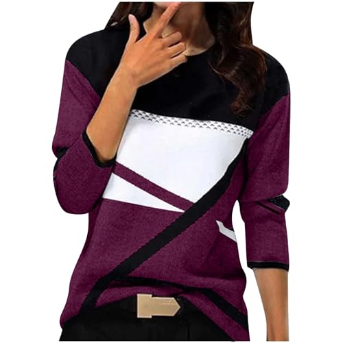 Pullover Damen Baumwolle Sport Langarm Sweatshirt ohne Kapuze Basic Rundhals Langarmshirt Vintage geometrischem Druck Longshirt Herbst Winter Pulli Teenager Mädchen Streetwear Lose Sportshirt S-XXL von Komiseup