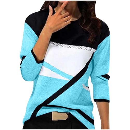 Pullover Damen Baumwolle Sport Langarm Sweatshirt ohne Kapuze Basic Rundhals Langarmshirt Vintage geometrischem Druck Longshirt Herbst Winter Pulli Teenager Mädchen Streetwear Lose Sportshirt S-XXL von Komiseup