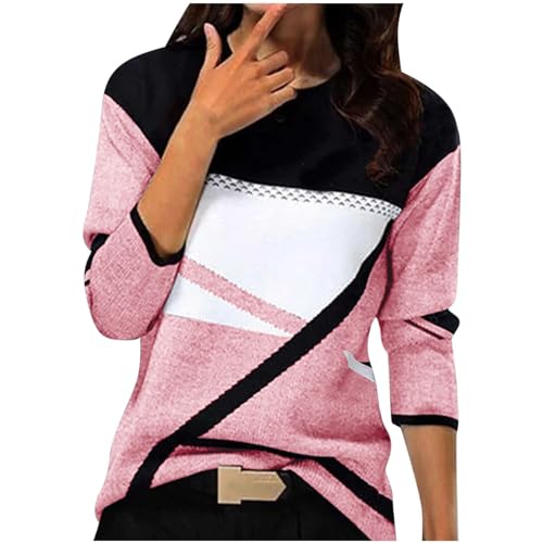 Pullover Damen Baumwolle Sport Langarm Sweatshirt ohne Kapuze Basic Rundhals Langarmshirt Vintage geometrischem Druck Longshirt Herbst Winter Pulli Teenager Mädchen Streetwear Lose Sportshirt S-XXL von Komiseup