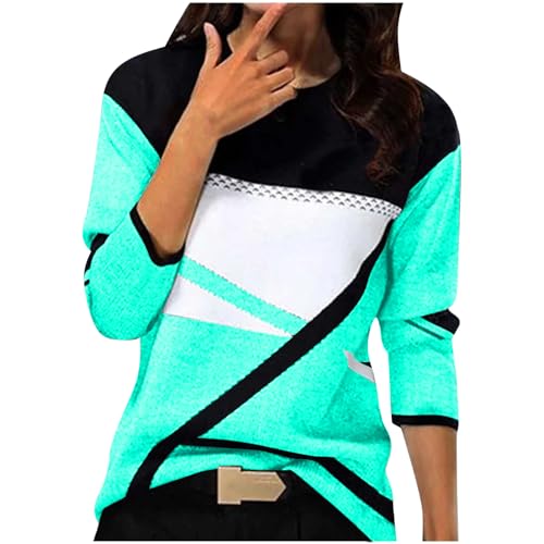 Pullover Damen Baumwolle Sport Langarm Sweatshirt ohne Kapuze Basic Rundhals Langarmshirt Vintage geometrischem Druck Longshirt Herbst Winter Pulli Teenager Mädchen Streetwear Lose Sportshirt S-XXL von Komiseup
