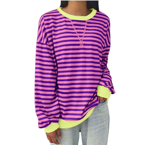 Pullover Damen Einfarbig Sweatshirt Langarm Rundhals Pulli Vintage Streifen Langarmshirt Frauen Gestreifter Bluse Tops Locker Lässige Longshirt Herbst Winter Oberteil Teenager Mädchen Sweatshirts von Komiseup