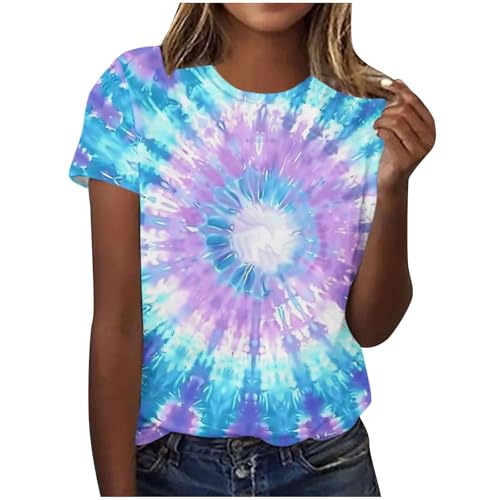 Pullover Damen Sommer Batik T-Shirt Regenbogen Oberteil Rundhals Kurze Ärmel Sommershirts Casual Baumwolle Bluse Tops Oversized Y2K Sportshirt Bunte Psychedelische Spiral Fasching Carnival Costume von Komiseup