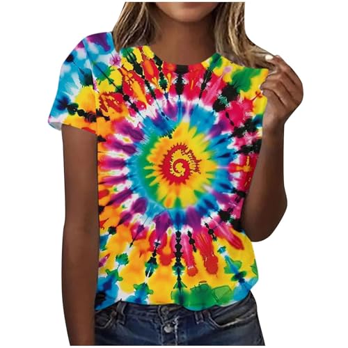 Pullover Damen Sommer Batik T-Shirt Regenbogen Oberteil Rundhals Kurze Ärmel Sommershirts Casual Baumwolle Bluse Tops Oversized Y2K Sportshirt Bunte Psychedelische Spiral Fasching Carnival Costume von Komiseup