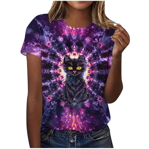 Pullover Damen Sommer Batik T-Shirt Regenbogen Oberteil Rundhals Kurze Ärmel Sommershirts Casual Baumwolle Bluse Tops Oversized Y2K Sportshirt Bunte Psychedelische Spiral Fasching Carnival Costume von Komiseup